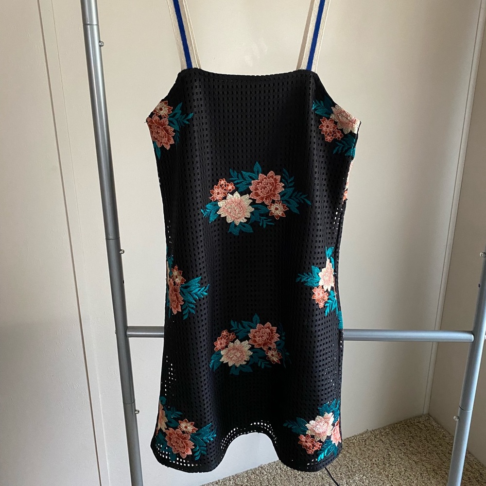 Zara black sporty mesh dress floral S small pinafore